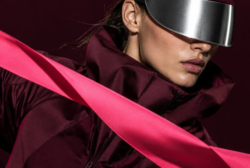 Fashion direction concept with burgundy outerwear and a pink ribbon.