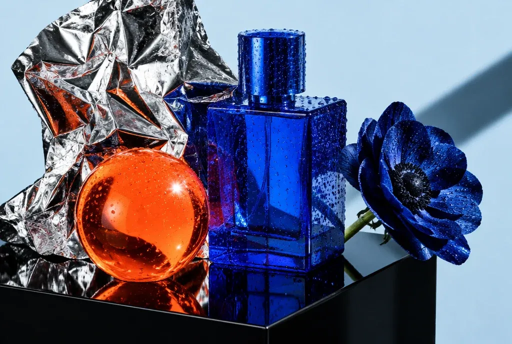 Editorial still life with blue perfume, coral glass and silver metal.